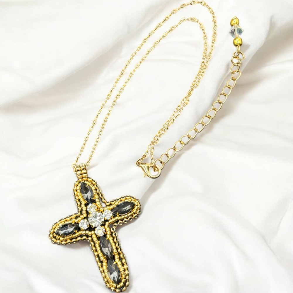 Handmade Gray & Clear Rhinestone Cross Necklace with Gold Tone Beads